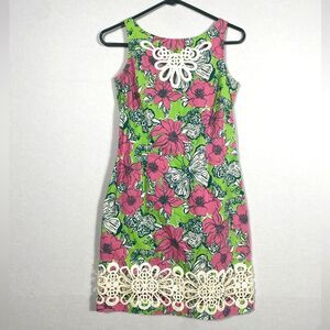 Lilly Pulitzer Floral Sleeveless Shift Dress w/Lace Accents & butterflies size 0